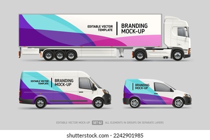 Company Van, Truck trailer mockup with blue stripes design for branding and corporate identity. Abstract graphics for business background. Flyer or wrap design. Editable vector