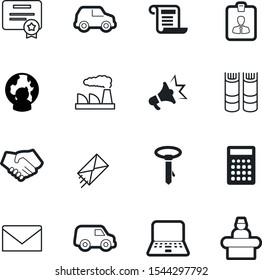 company vector icon set such as: hotel, computer, library, factory, deal, megaphones, tie, book, knowledge, map, literature, certificate, equipment, power, manufacturing, advertisement, men