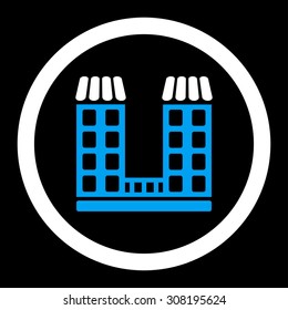 Company vector icon. This flat rounded symbol uses blue and white colors and isolated on a black background.
