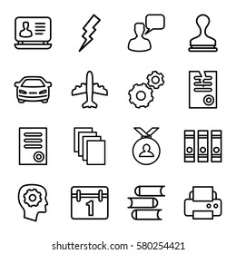 Company vector icons. Set of 16 Company outline icons such as chatting man, gear, book, document, binder, medal, laptop, gear in head, flash, paper, printer, stamp, plane, car
