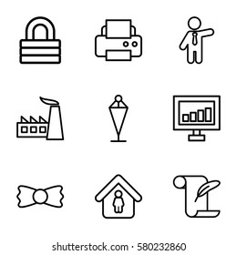 Company vector icons. Set of 9 Company outline icons such as businessman, flag, man in home, bow tie, feather and paper, factory, signal, printer