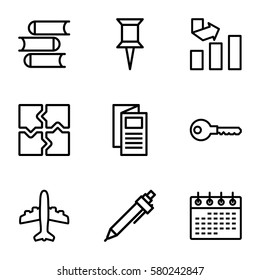 Company vector icons. Set of 9 Company outline icons such as book, graph, puzzle, pin, calendar, key, pen, plane