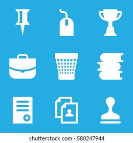Company vector icons. Set of 9 Company filled icons such as book, document, case, mouse, resume, pin, stamp, trash bin