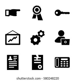 Company vector icons. Set of 9 Company filled icons such as gear, award, pointing, resume, man with laptop, desk phone, key, paper