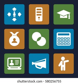 Company vector icons. Set of 9 Company filled icons such as businessman, calculator, medal, graduation cap, laptop, CPU, man move, megaphone