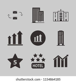 company vector icons set. with growing graph, hotel five stars, response letter and office building in set