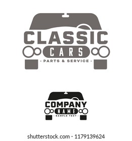 Company vector logo template for vintage cars dealership or garage with classic limousine. Sample text on separate layer.