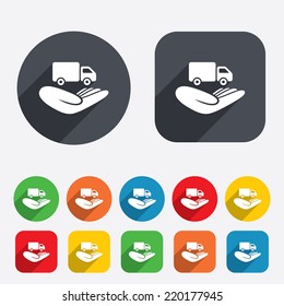 Company vehicles insurance sign icon. Hand holds delivery truck. Protection vehicle from damage and accidents. Circles and rounded squares 12 buttons. Vector