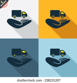 Company vehicles insurance sign icon. Hand holds delivery truck. Protection vehicle from damage and accidents. Four squares. Colored Flat design buttons. Vector