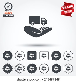 Company vehicles insurance sign icon. Hand holds delivery truck. Protection vehicle from damage and accidents. Circle, star, speech bubble and square buttons. Award medal with check mark. Vector