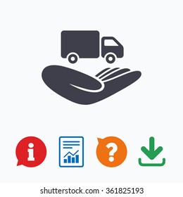 Company vehicles insurance sign icon. Hand holds delivery truck. Protection vehicle from damage and accidents. Information think bubble, question mark, download and report.