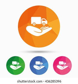 Company vehicles insurance sign icon. Hand holds delivery truck. Protection vehicle from damage and accidents. Triangular low poly button with flat icon. Vector