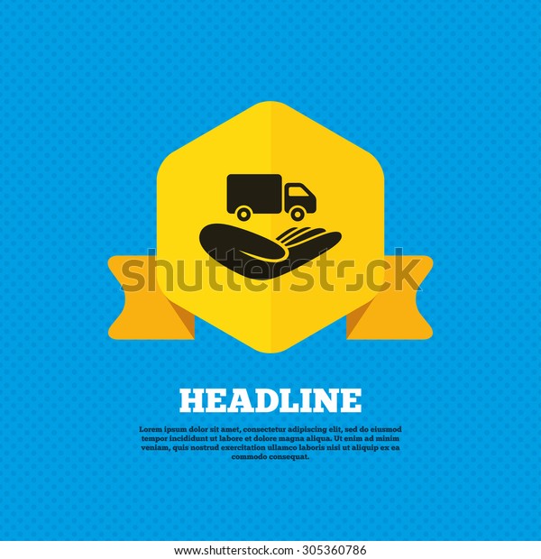 Company vehicles\
insurance sign icon. Hand holds delivery truck. Protection vehicle\
from damage and accidents. Yellow label tag. Circles seamless\
pattern on back.\
Vector
