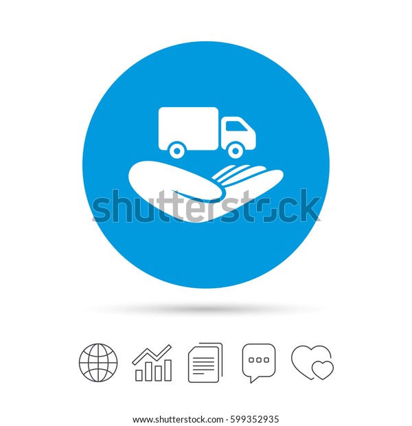 Company vehicles insurance\
sign icon. Hand holds delivery truck. Protection vehicle from\
damage and accidents. Copy files, chat speech bubble and chart web\
icons. Vector
