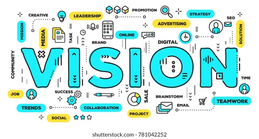 Company vision concept. Vector creative illustration of vision blue word lettering typography with line icons and tag cloud on white background. Thin line art style design of business plan banner