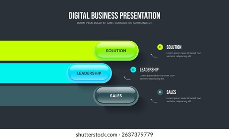 Company Visualization Three Step Infographic Frame Design. Modern Review 3 Option Diagram Slide Layout. Project Solution Slideshow Template Vector Illustration.