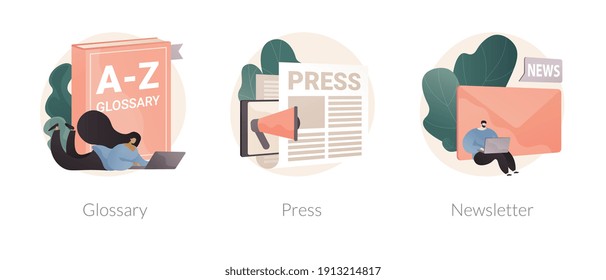 Company web page interface abstract concept vector illustration set. Glossary, press about us, articles and publications, subscribe for newsletter, corporate news, landing page abstract metaphor. - Shutterstock ID 1913214817