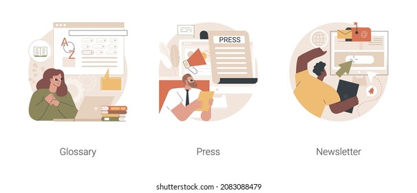 Conjunto de ilustraciones vectoriales abstractas de la interfaz de la página web de la empresa. Glosario, oprimir sobre nosotros, artículos y publicaciones, suscribirse al boletín, noticias corporativas, página de inicio metáfora abstracta.