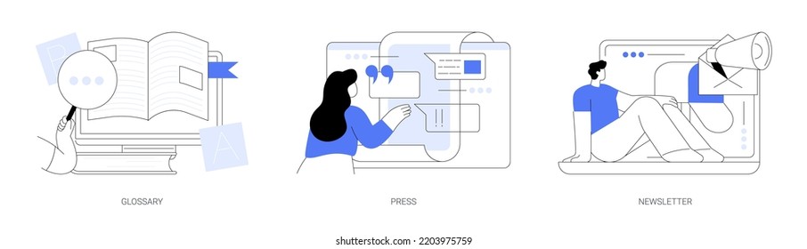 Company web page interface abstract concept vector illustration set. Glossary, press about us, articles and publications, subscribe for newsletter, corporate news, landing page abstract metaphor. - Shutterstock ID 2203975759