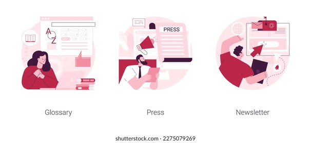 Abstraktes Konzept, Vektorgrafik-Set für die Webseite des Unternehmens. Glossar, Presse über uns, Artikel und Veröffentlichungen, abonnieren Sie Newsletter, Corporate News, Landing Page Abstrakte Metapher.