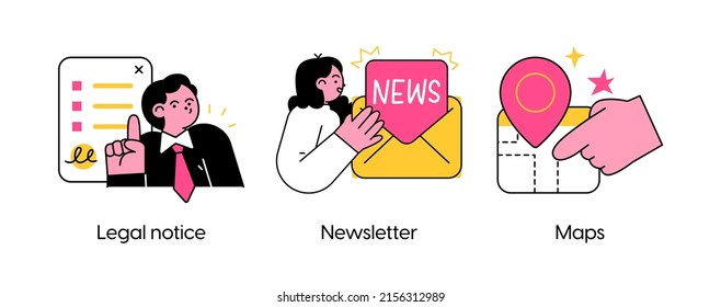 Company website menu abstract concept vector illustrations. Legal notice, newsletter, maps. Visual stories collection.