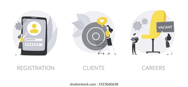 Company website navigation abstract concept vector illustration set. Registration page, name and password field, clients landing page, start career, create account, user information abstract metaphor.