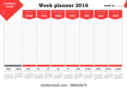 Company week planner 2016 calendar - red design