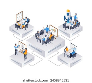 Unternehmensarbeitsteam erstellt Produkt, flache isometrische 3D-Illustration Infografik