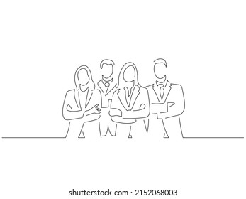 Company work team in line art drawing style. Composition of a group of business people doing their job. Black linear sketch isolated on white background. Vector illustration design.