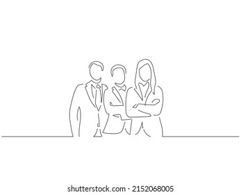 Company work team in line art drawing style. Composition of a group of business people doing their job. Black linear sketch isolated on white background. Vector illustration design.