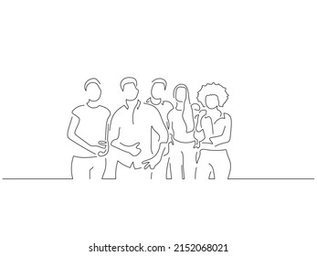 Company work team in line art drawing style. Composition of a group of business people doing their job. Black linear sketch isolated on white background. Vector illustration design.