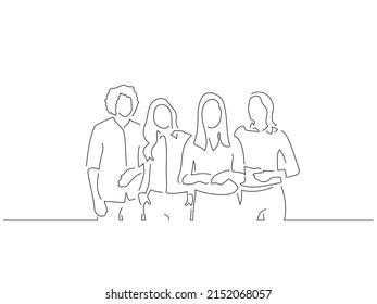 Company work team in line art drawing style. Composition of a group of business people doing their job. Black linear sketch isolated on white background. Vector illustration design.