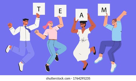 Company workers, colleagues, employees or coworkers jump cheerfully. Concept of team success, teambuilding, happy successful people jumping. Office characters or business team celebrating, dancing.