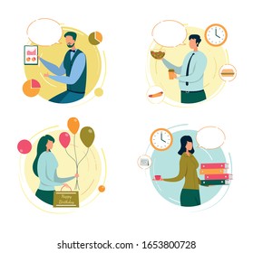 Company Workers Flat Vector Illustrations Set. Professional Business Analyst and Executive Manager Cartoon Characters. Office Staff with Empty Speech Bubbles Isolated on White Background