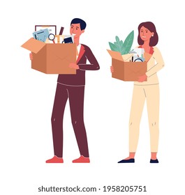 Company workers holding boxes with office supplies and stationery, flat vector illustration isolated on white background. Company or office moving and relocation.