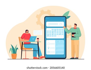 Company workers launching new mobile app flat vector illustration. New product as daily meeting organizer for businessman, calculator and budget planner. Concept of startup, application development