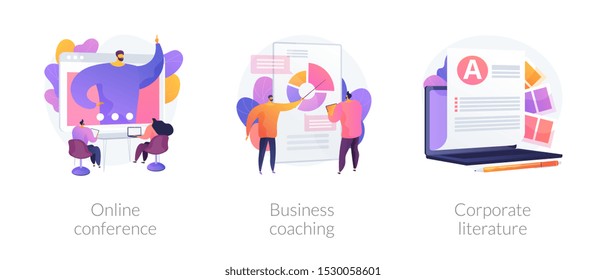 Company workers training icons set. Webinar, presentation. Data analytics course. Online conference, business coaching, corporate literature metaphors. Vector isolated concept metaphor illustrations