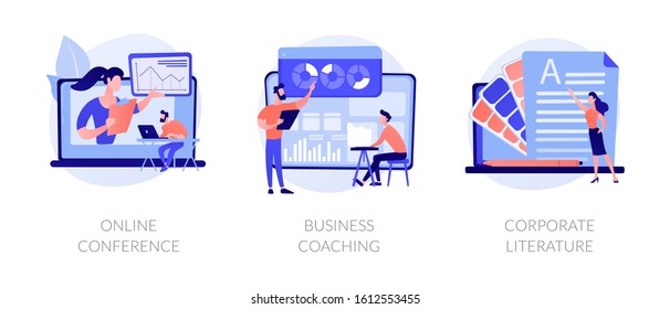 Company workers training icons set. Webinar, presentation. Data analytics course. Online conference, business coaching, corporate literature metaphors. Vector isolated concept metaphor illustrations