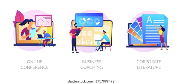 Company workers training icons set. Webinar, presentation. Data analytics course. Online conference, business coaching, corporate literature metaphors. Vector isolated concept metaphor illustrations