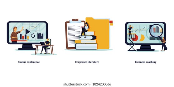 Company workers training icons set. Webinar, presentation. Data analytics course. Online conference, business coaching, corporate literature metaphors. Vector isolated concept metaphor illustrations