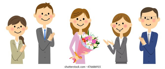 The company of a workplace and girl who has a bouquet