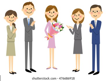 The company of a workplace and girl who has a bouquet