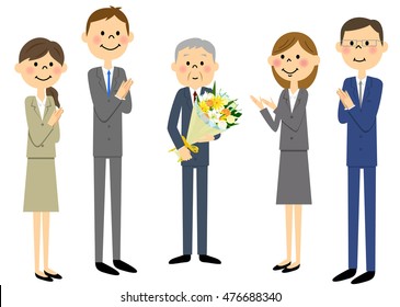 The company of a workplace and man who has a bouquet