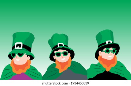 The company of young people celebrate St. Patrick's Day. 
They have fun and dressed in carnival headgear.