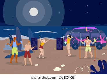 Company Young People Clubbing on Nighty Beach Listening Music, Dancing, Drinkling Cocktails. Men and Women Enjoyng Summer Party on Ocean Coast. Relaxation, Weekend. Cartoon Flat Vector Illustration
