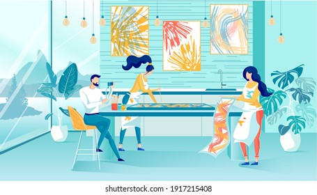 Company, Young People Filming Video about Drawing. One Girls Holding Drawn Poster. Guy is Sitting on Chair and Filming Process on Camera. Another Girl takes Finishing Touches and Finishe Picture.