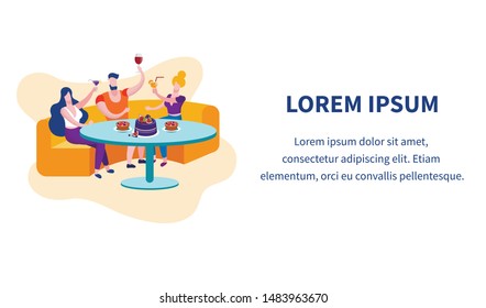 Company of Young People Having Celebration, Friends Meeting and Celebrate Party in Bakery or Home Eating Cake Communicating, Chatting, Spending Leisure Time. Cartoon Flat Vector Illustration, Banner