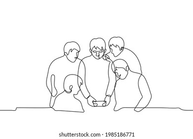 company of young people looks into the phone of the phone sitting in the center of a man - one line drawing. Concept of obsession with social networks, millennials and generation Z, technologies