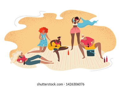 A company of young people relaxing on a sunny summer beach with cool drinks and singing with a guitar. Illustration in flat modern style on white background. Vector summer design elements.