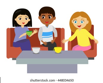 The company of young people sitting on sofas and armchairs and drinking beverages. Friends spend an evening of rest and drink. Illustration made on a white background.
